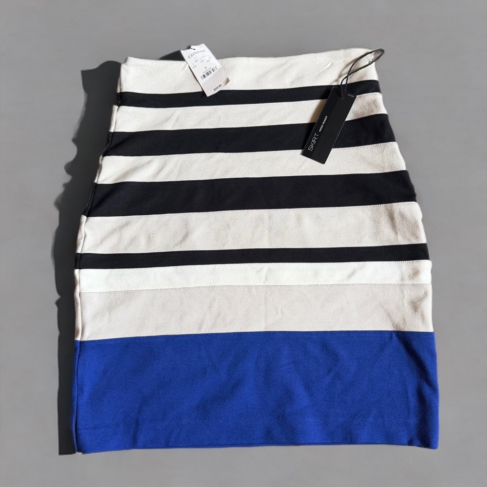 Express High Waist Striped Bodycon Skirt Blue Black Cream Size 0 NWT